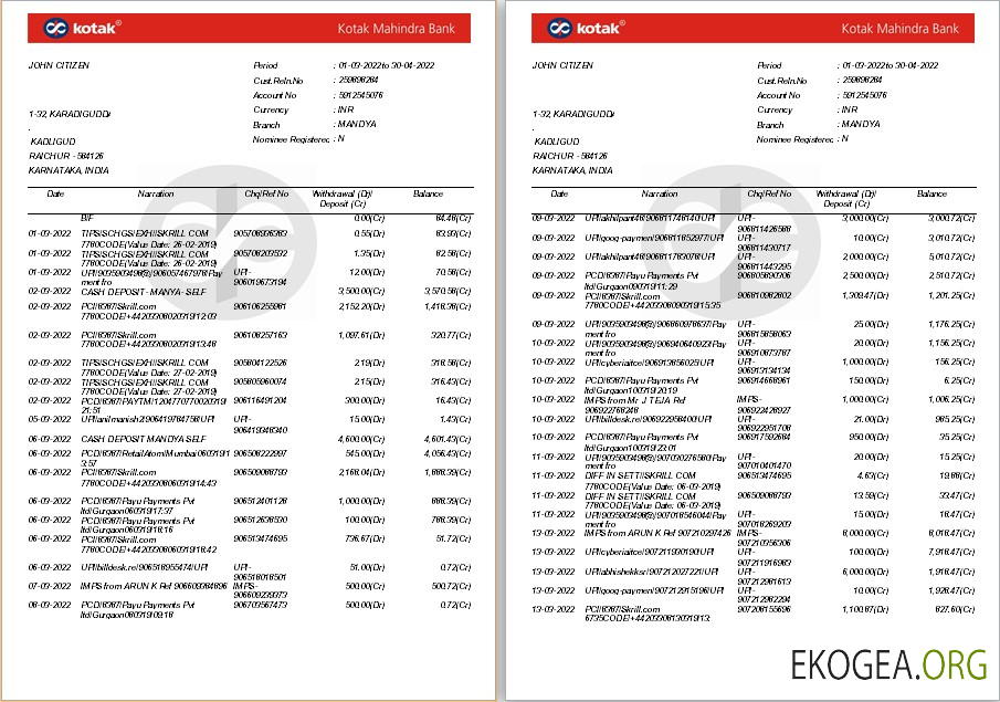 Modèle de relevé bancaire Inde Kotak Mahindra, format Word et PDF, 7 pages